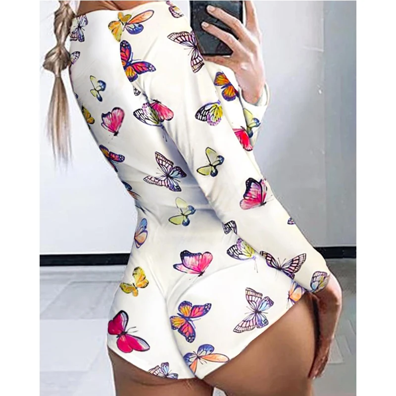 

Hot Sale Spring Women Long Sleeve Print Leotard Overalls Romper Nighwear Summer Lady Sexy Bodysuit Bodycon Sleepwear Jumpsuit