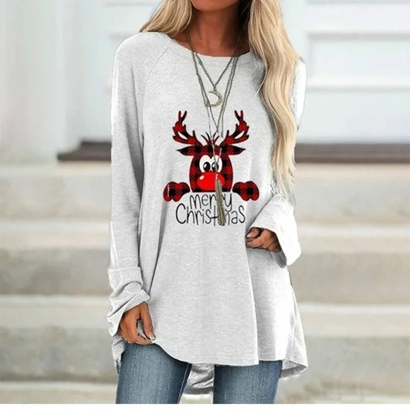 Женские футболки с рождественским узором длинным рукавом милым принтом оленя