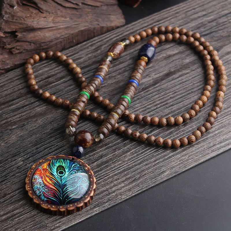 Женское винтажное ожерелье длинная цепочка с деревянными бусинами на свитер