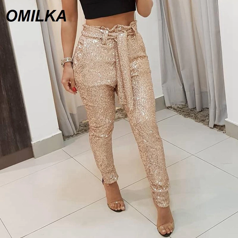 

OMILKA Glitter Sequin Belt Pencil Pants 2019 Autumn Women Gold Silver Shiny Sexy Nightclub Party Elegant Bling Sequin Pants