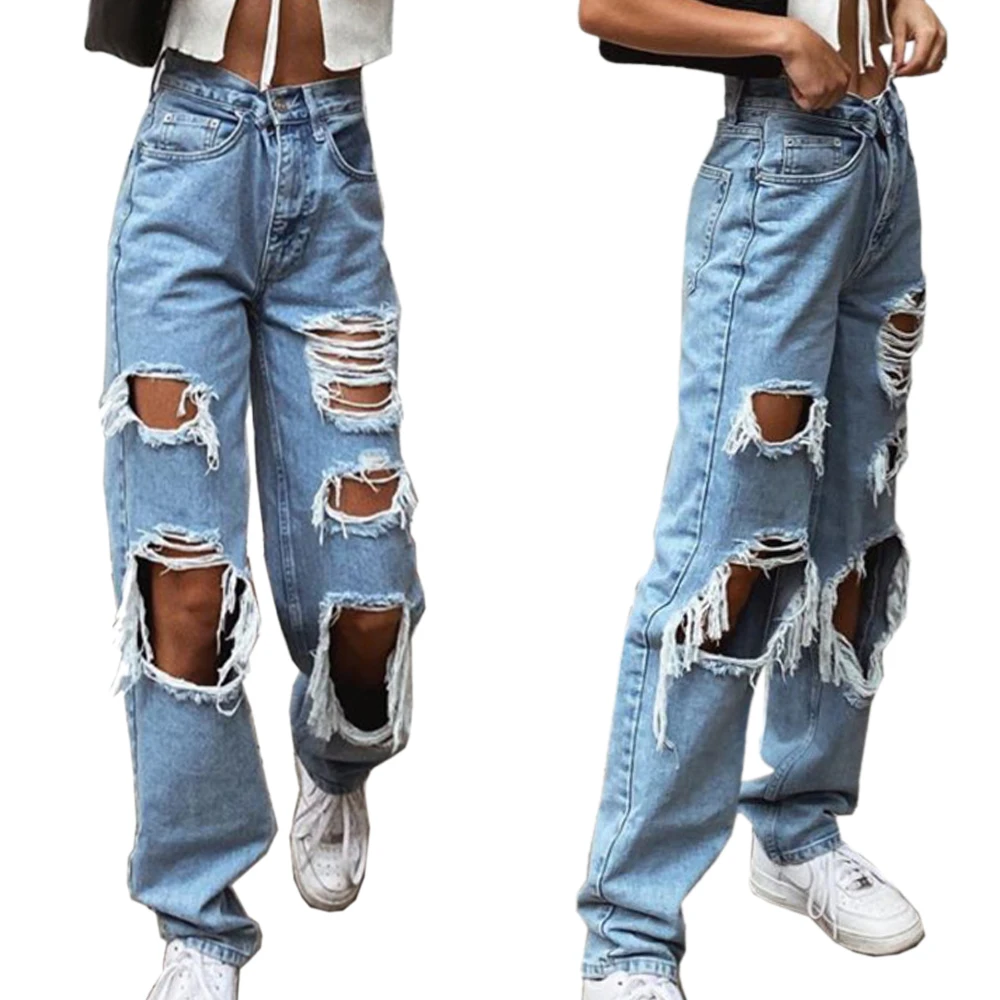 

Women Clothing Ripped Frayed Loose Denim Pants Women's Fashion Sexy Jeans Casual Pants Big Holes Long Trousers Women Jeans
