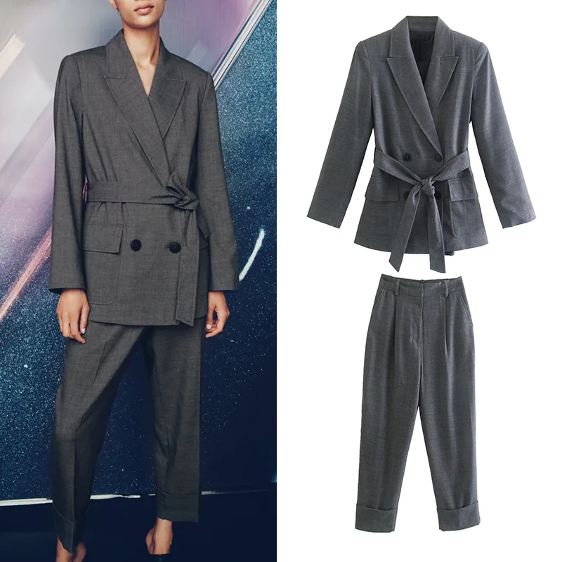 

Женский осенне-зимний костюм ZA, однотонный двубортный женский костюм из блузы и брюк до щиколотки, Базовый костюм с длинным рукавом, 2 шт.