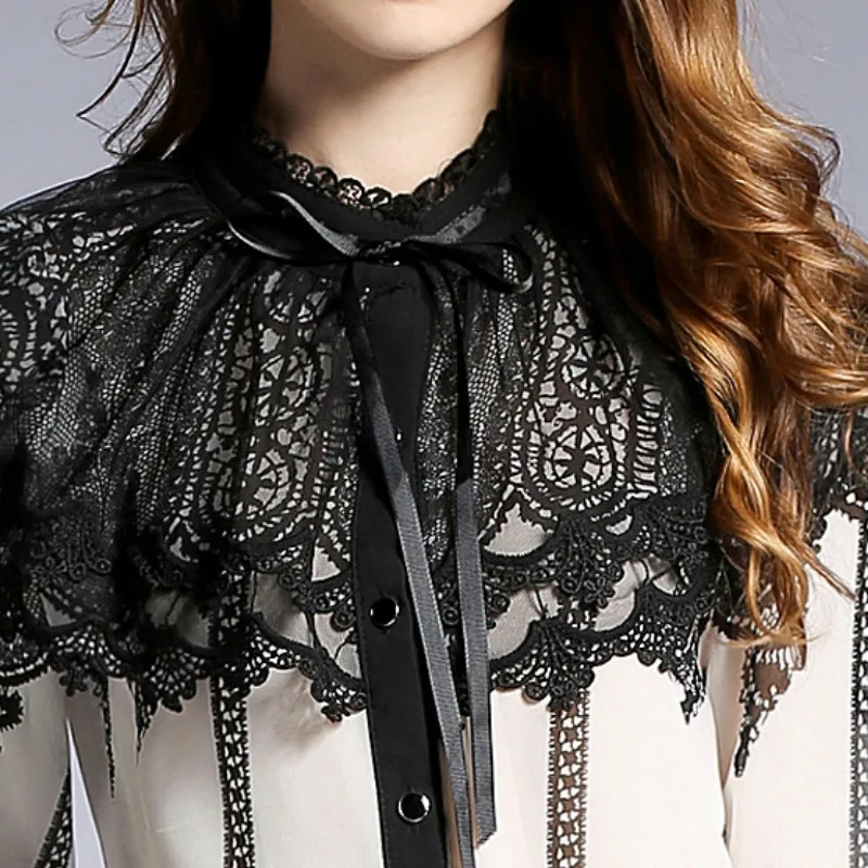 Шифоновые кружевные рубашки в полоску с бантом ретро-стиле облегающие Блузы