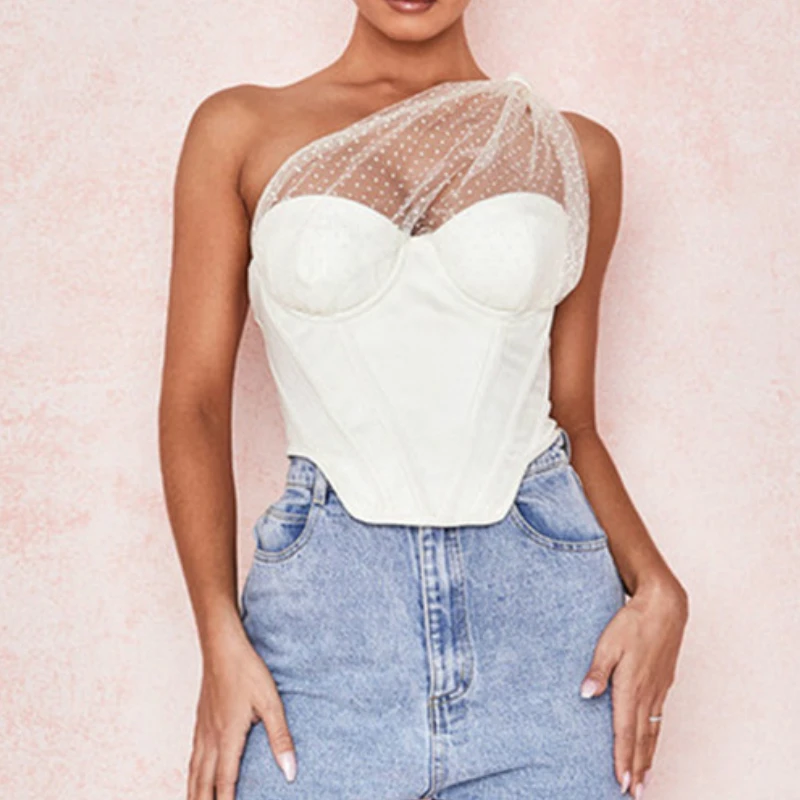 Рубашка женская на одно плечо пикантная модная укороченная одежда сетчатая