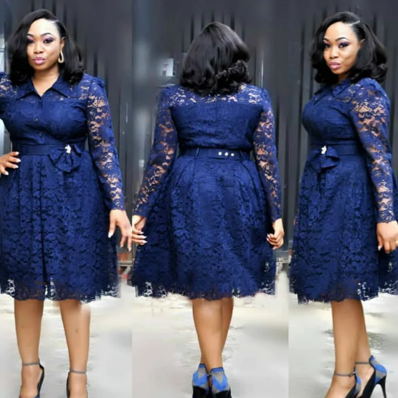 Кружевные однотонные платья на талии с отложным воротником и длинным рукавом