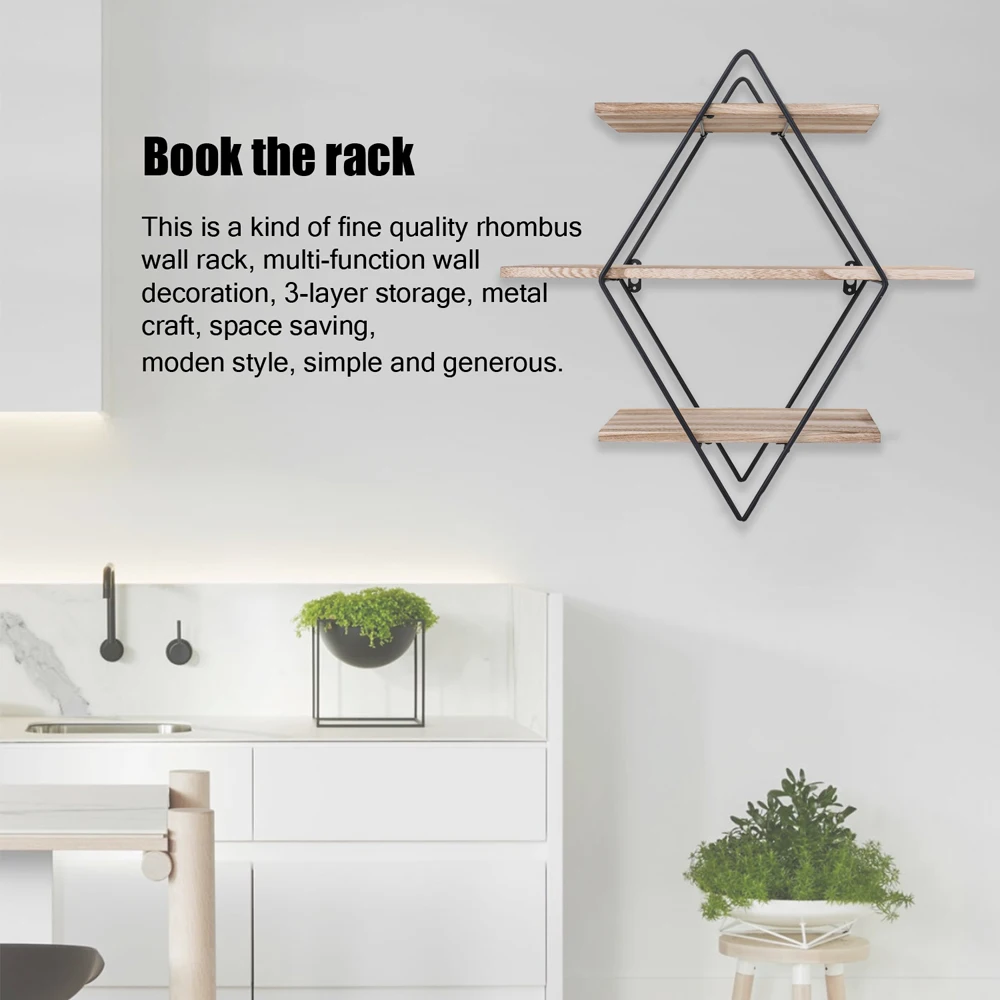 

Vintage Iron Metal Wood Wall Storage Shelf Rack Industrial Style Rhombus Wood Iron Craft Wall Book Hanging Rack Modern Rack