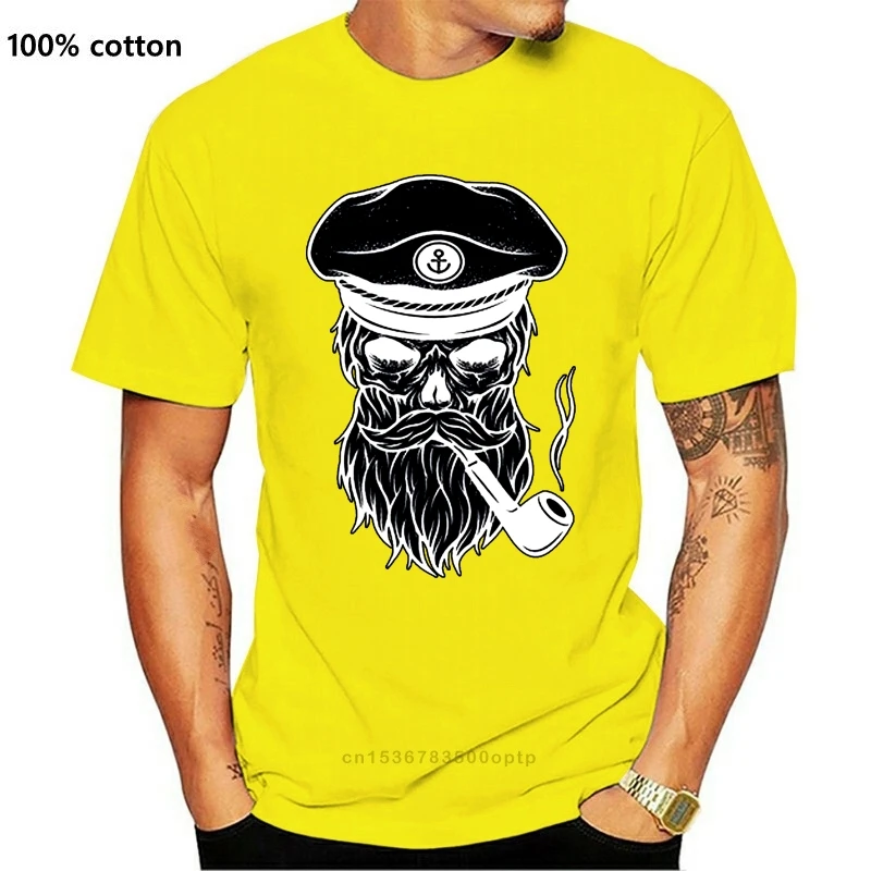 

New funny t shirts Tshirt skull captain with beard and pipe Men Cotton T-shirt