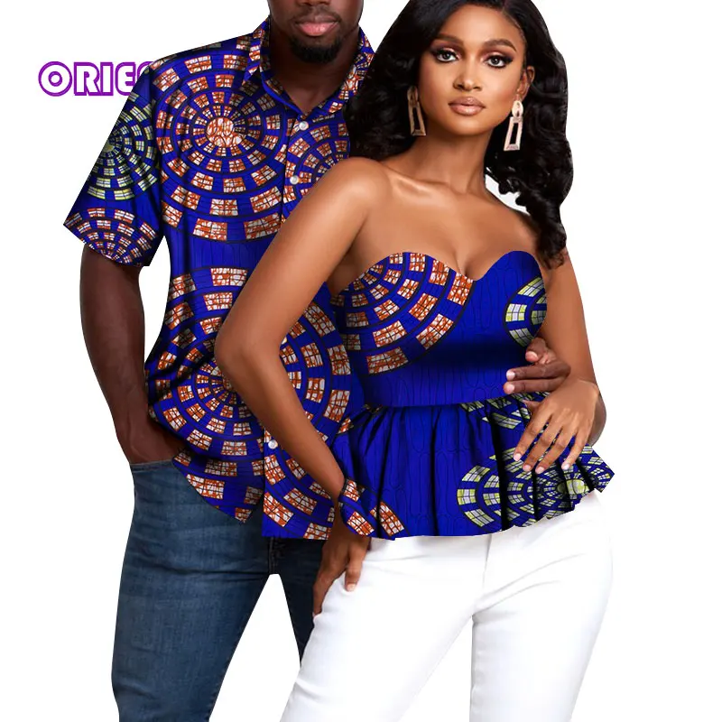 Couple African Clothes Couple Tops Men Short Sleeve Shirt Women Off Shoulder Blouse Fashion African Print Cotton Clothing WYQ728