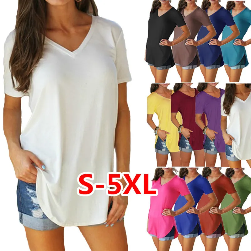 

Women's fashion casual summer solid color short-sleeved V-neck loose large size T-shirt tops long multi-color simple S-5XL