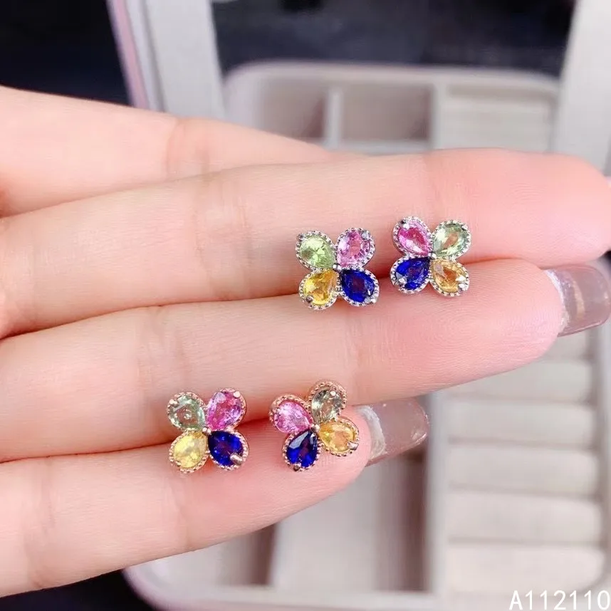 Fine Jewelry 925 Sterling Silver Inset With Natural Gem Women's Luxury Lovely Flower Color Sapphire Earrings Ear Stud Support De