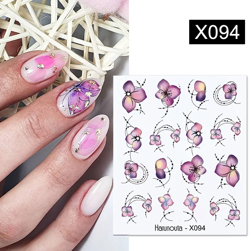 Harunouta Purple Flowers Line Nail Water Decals Color Waves Nail Art Water Transfer Stickers Tattoo DIY Manicures Decorations