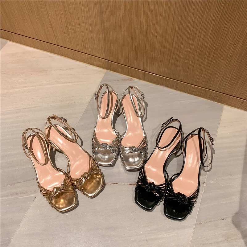 

Meotina Women Sandals Shoes Ankle Strap Med Heel Sandals Buckle Thin Heel Shoes Square Toe Ladies Footwear Summer Black 2021 New