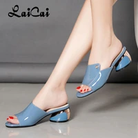 woman outdoor slippers new mid hee chunky heel shoe soft leather sandals stylish peep comfortable toe large size womens shoes