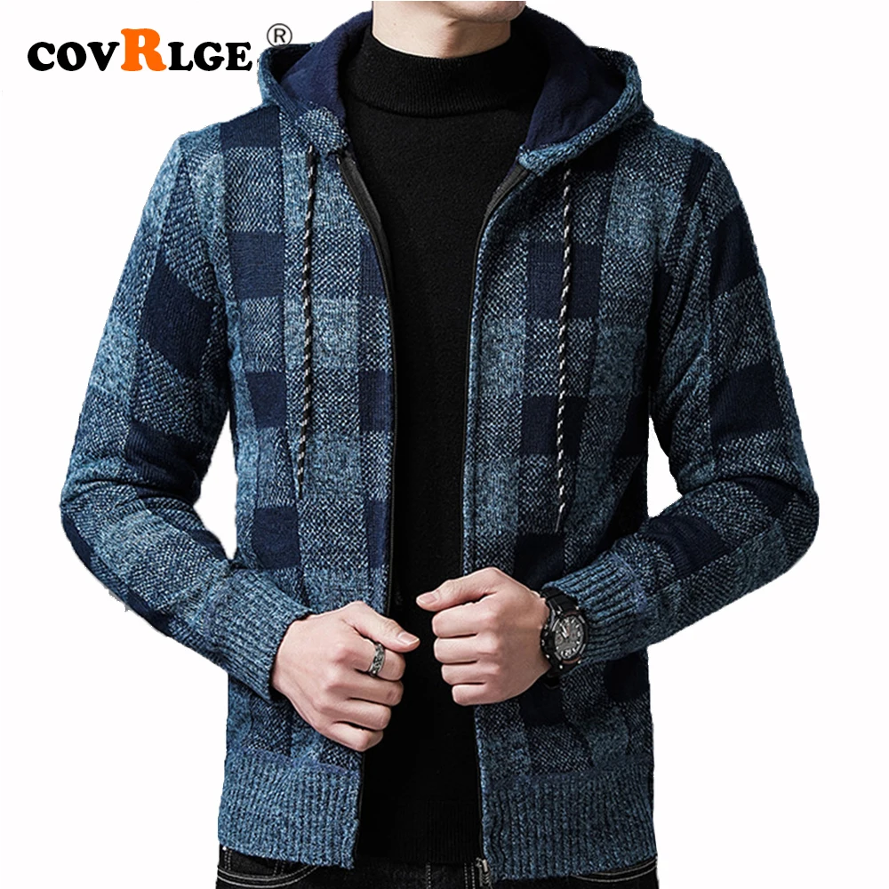 Covrlge Men's Hooded Cardigan Sweater Jacket Winter Plus Velvet Thick Plaid Warm Casual Hoodie Sweater Coat Streetwear MWK023