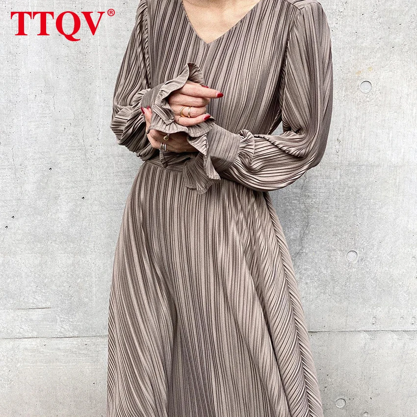 

Повседневное коричневое женское платье TTQV с V-образным вырезом, весна 2022, офисные платья миди с длинным рукавом, Модные свободные плиссирова...