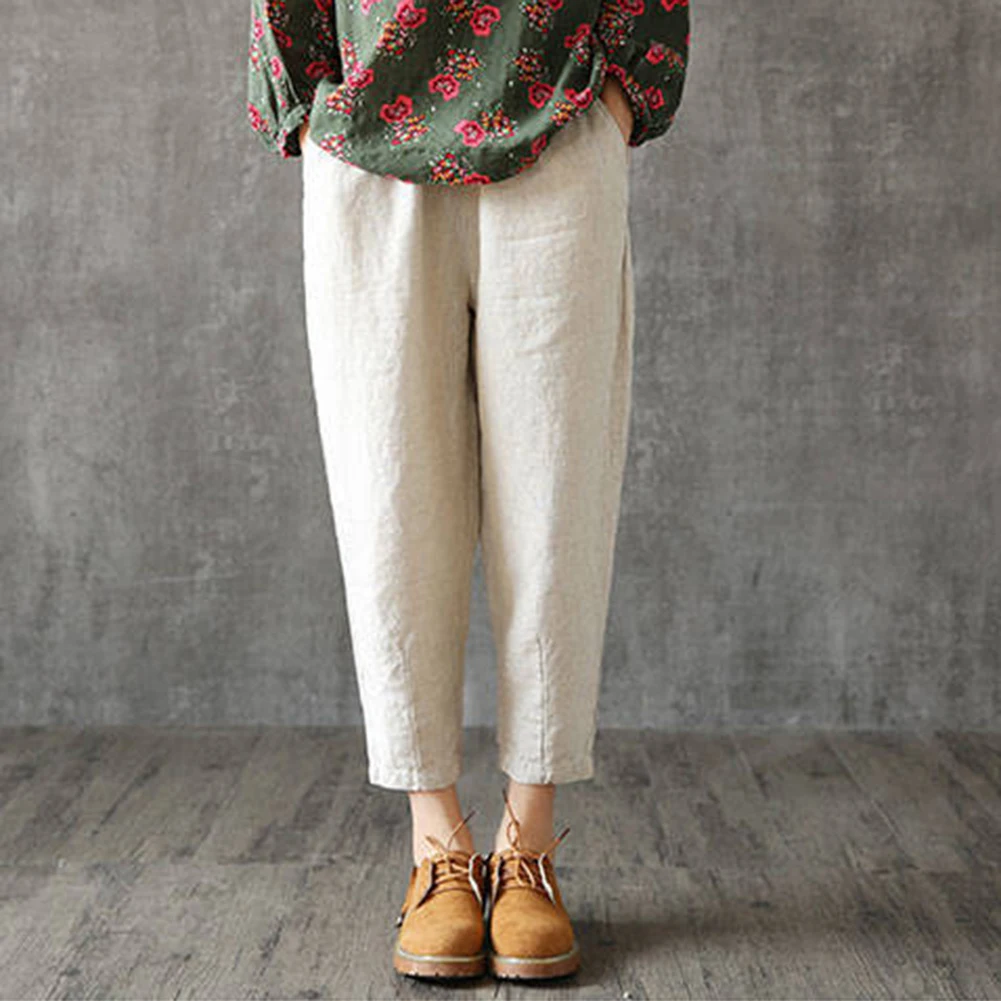 Брюки женские повседневные длинные до щиколотки однотонные хлопково-льняные