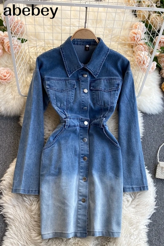 

2021 Spring Summer Women's Solid Denim Dress Female Pocket With Belt Slim Dress Ladys Single Breasted Vintage Dresses