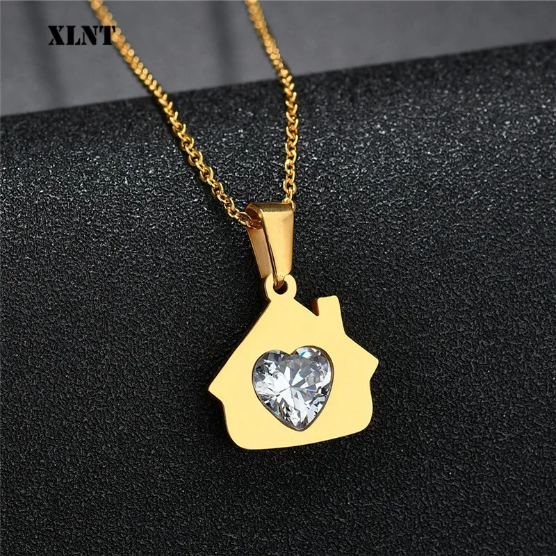 XLNT брендовый роскошный кубический цирконий сердце семейный Кулон в виде домика