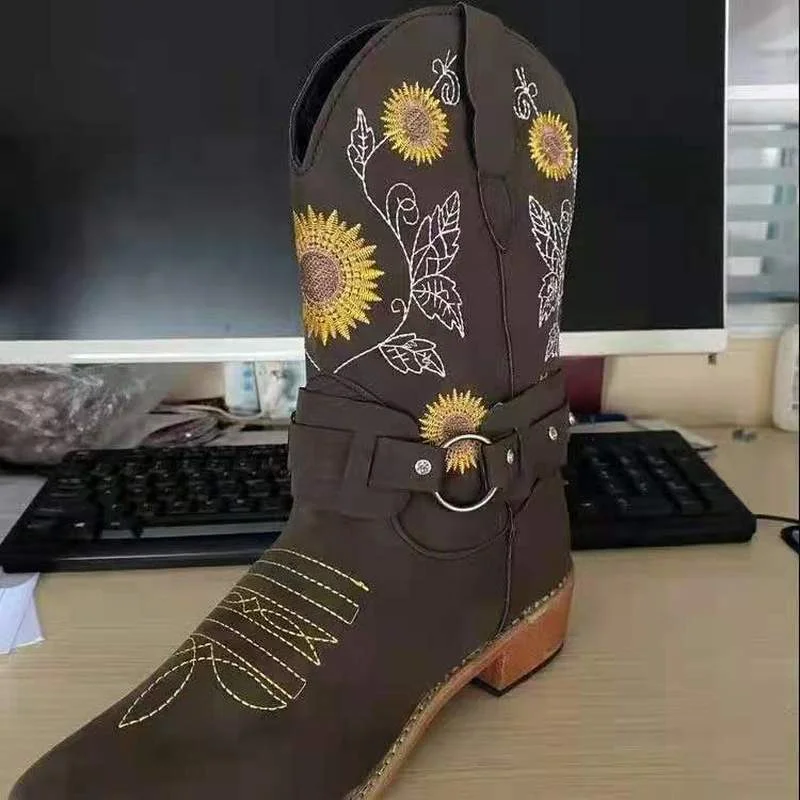 

Women Shoes Fashion Spring Autumn Slip on Faux Suede Round Toe Low Heel Comfortable High Boots Embroider Square Heel KZ240