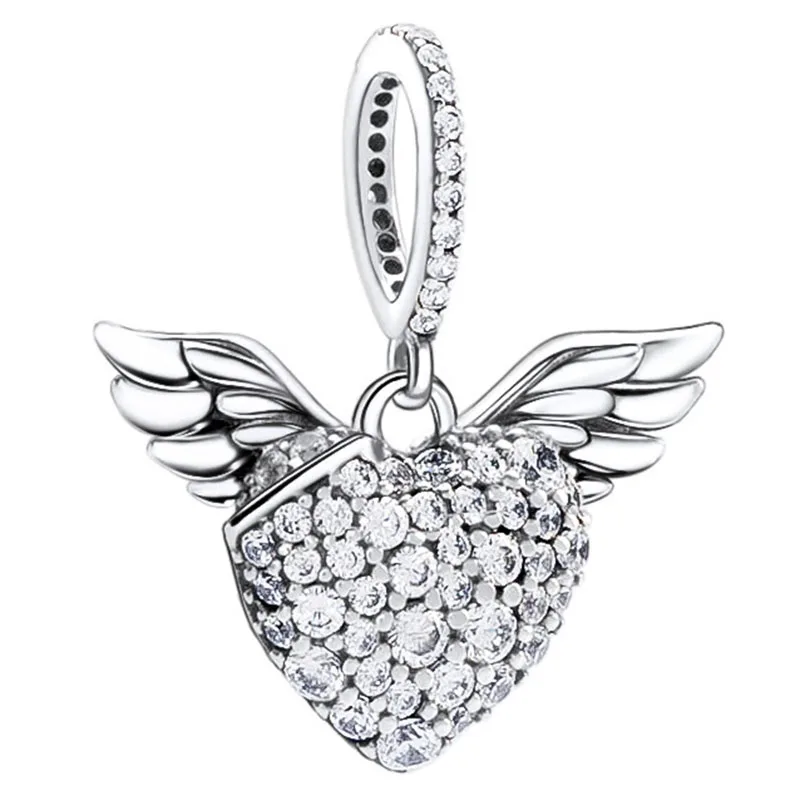 

100% 925 Sterling Silver Charm Angel Wing With Crystal Love Pendant Fit Pandora Women Bracelet & Necklace Diy Jewelry