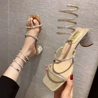 2022 summer womens sandals fashion luxury square toe club rhinestone snake wrap high heel sandals birthday wedding party shoes