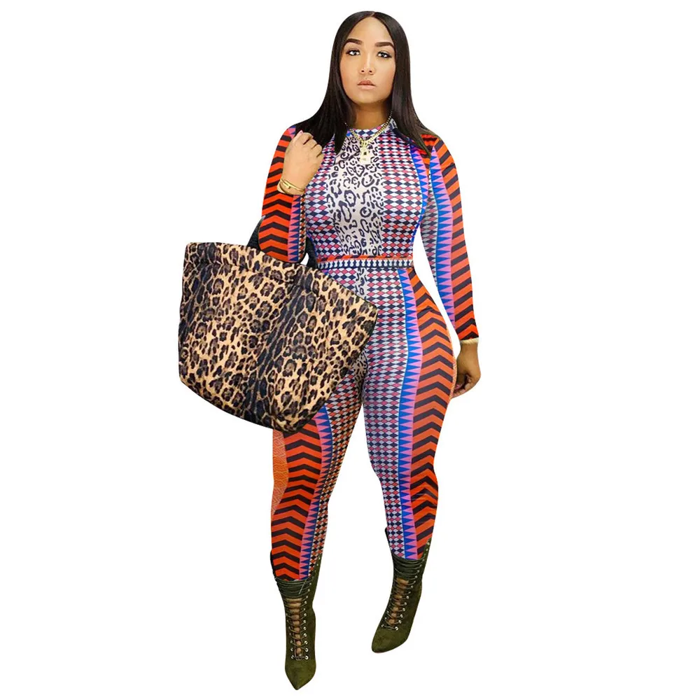 

Geometric Pattern Sexy Fitness Bodysuits for Women Sexy O-neck Long Sleeve One Piece Overall Streetwear Female Club Party Romper