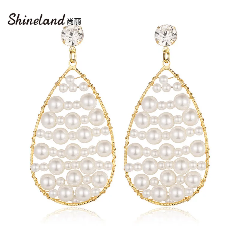 

Shineland New Summer Simulated Pearl Big Drop Dangle Earrings For Women Gold Color Metal Statement Jewelry Accessories Gift