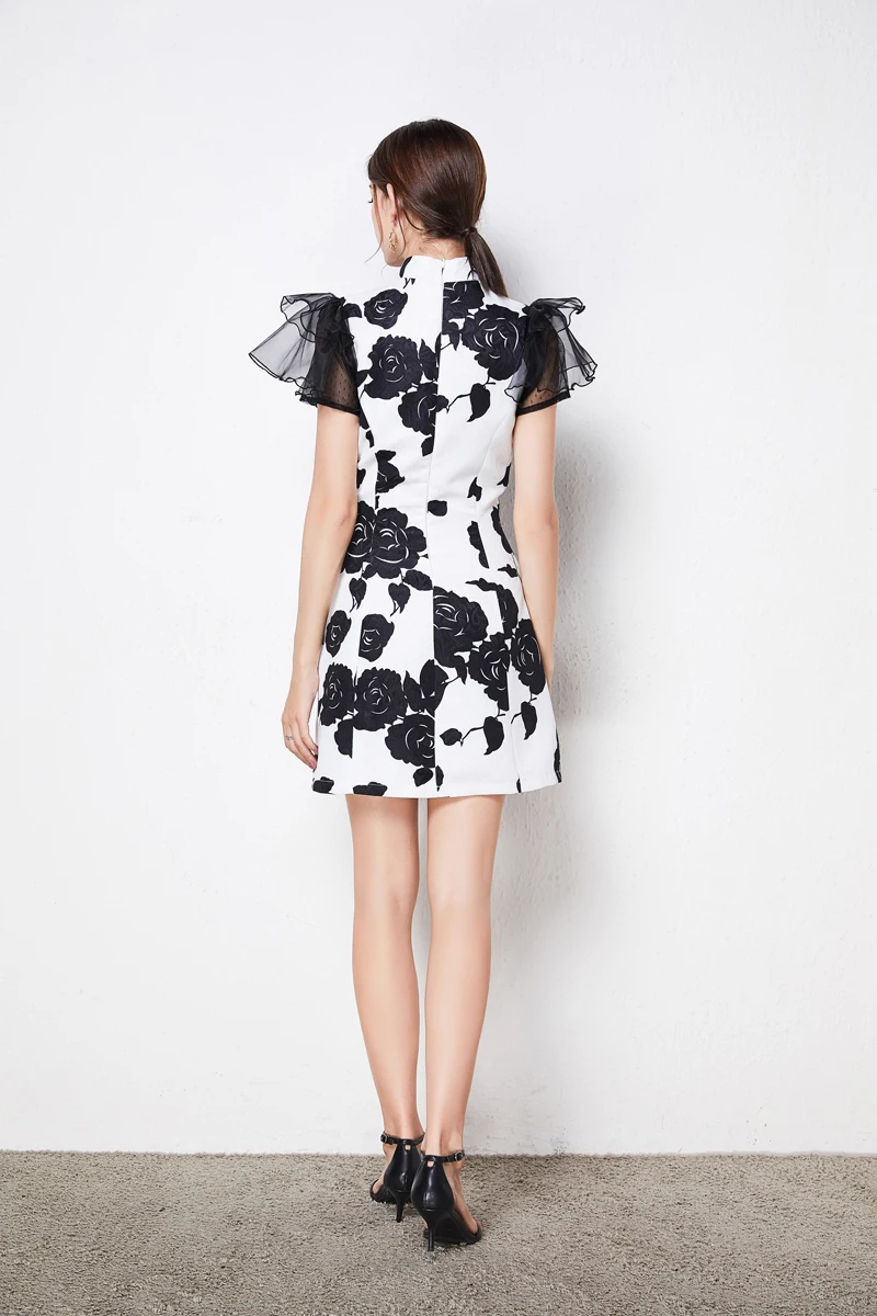 

Women's Runway Dresses Stand Collar Flare Sleeves Printed Dobby Back Zipper Fashion Short Dress