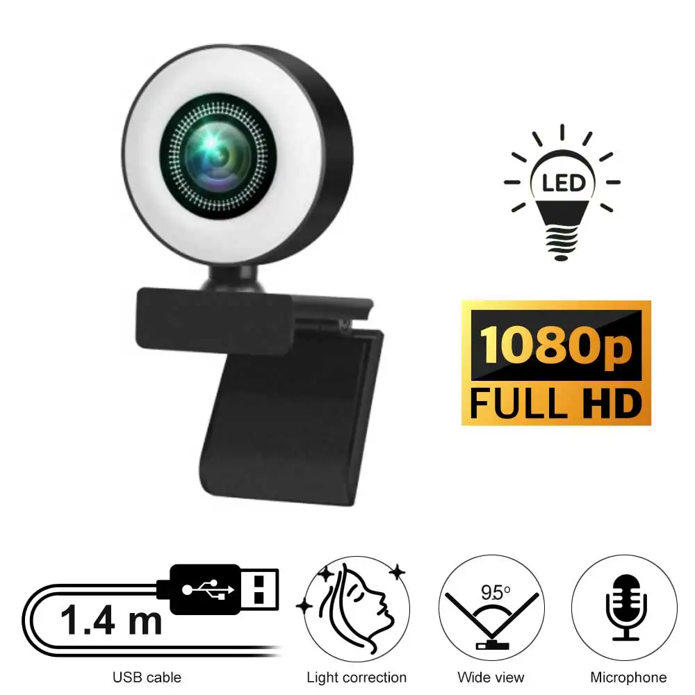 

Веб-камера Full HD с USB-разъемом, светодиодной подсветкой, микрофоном для скайпа, команд MS, зумом, домашнего офиса, видеочата, конференций