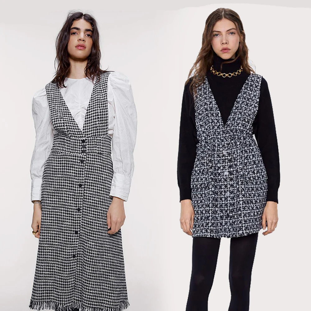 Женское шерстяное платье-жилет ZA клетчатое короткое платье из искусственной