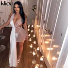 Женское прозрачное Сетчатое мини-платье Kliou, облегающее платье с лямкой на шее, без рукавов, с открытой спиной, пикантная Клубная одежда, женские юбки