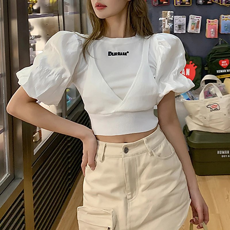 

Women Summer Fashion Fake Two-piece T-shirt Letter Pattern Puff Sleeve Round Neck Crop Tops Y2K Harajuku Streetwear 2021