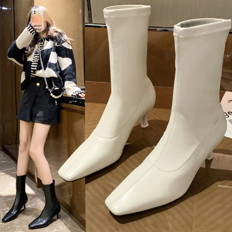 

White Mid-Calf Boots Boots-Women Shoes Round Toe Luxury Designer Winter Footwear Low High Heel 2021 Rubber Ladies Mid Calf Fash