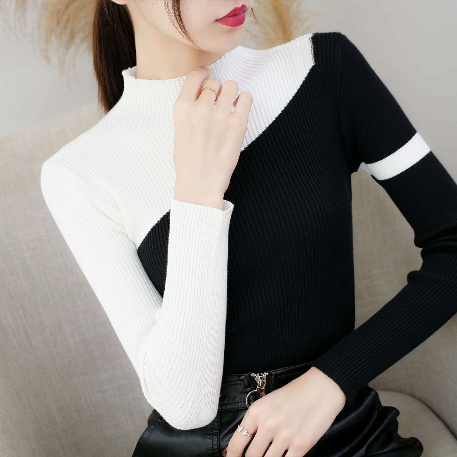 Autumn 2022 Semi-high Collar Knit Sweaters Women Tops Patchwork Bottoming Shirts Slim Winter Clothes Turtleneck 6998 50 | Женская одежда