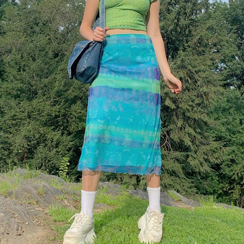 

y2k Vintage Printed Layer Mesh Long Skirt Women Blue High Waist Straight Sundress Party Beach Outfit Summer Skirts 90s