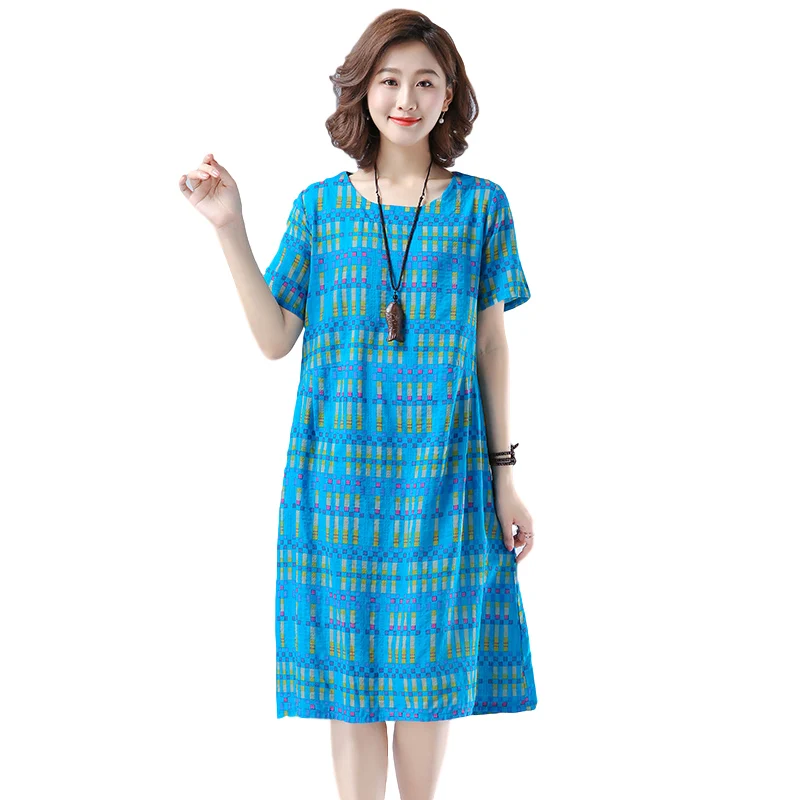 

Summer New Plus Size Dress Women Fashion Cotton Linen Print Round Neck Dresses Women Loose Short Sleeve Dress Female Vestidos