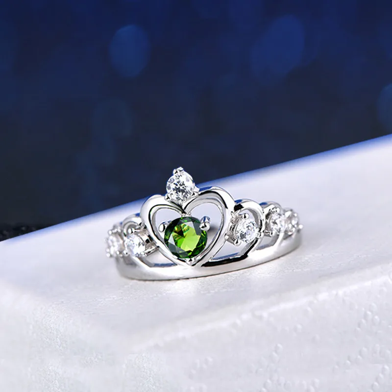 

Серебряное ювелирное изделие, зеленое Изумрудное кольцо для женщин, настоящее 925 пробы, Серебряная корона, сердечко, кольцо на палец, блестя...