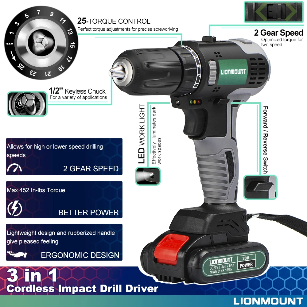 Бесщеточный Электрический шуруповерт 20 в Аккумуляторная дрель с литиевой