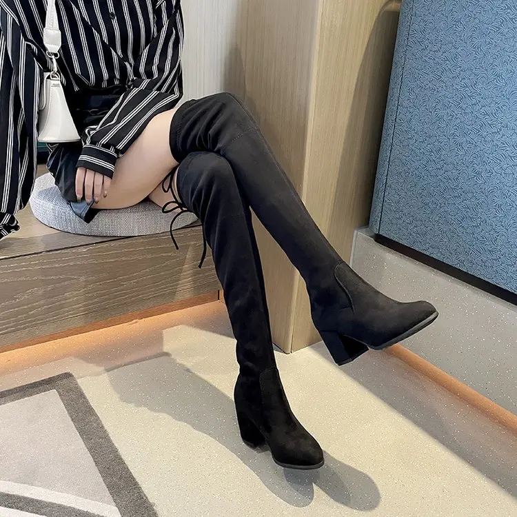 

Women Warm Knee High Boots Winter 2020 Woman Flocks Party Shoes Ladies Fashion Fur High Heels Lace Up Long Boots Female Footwear