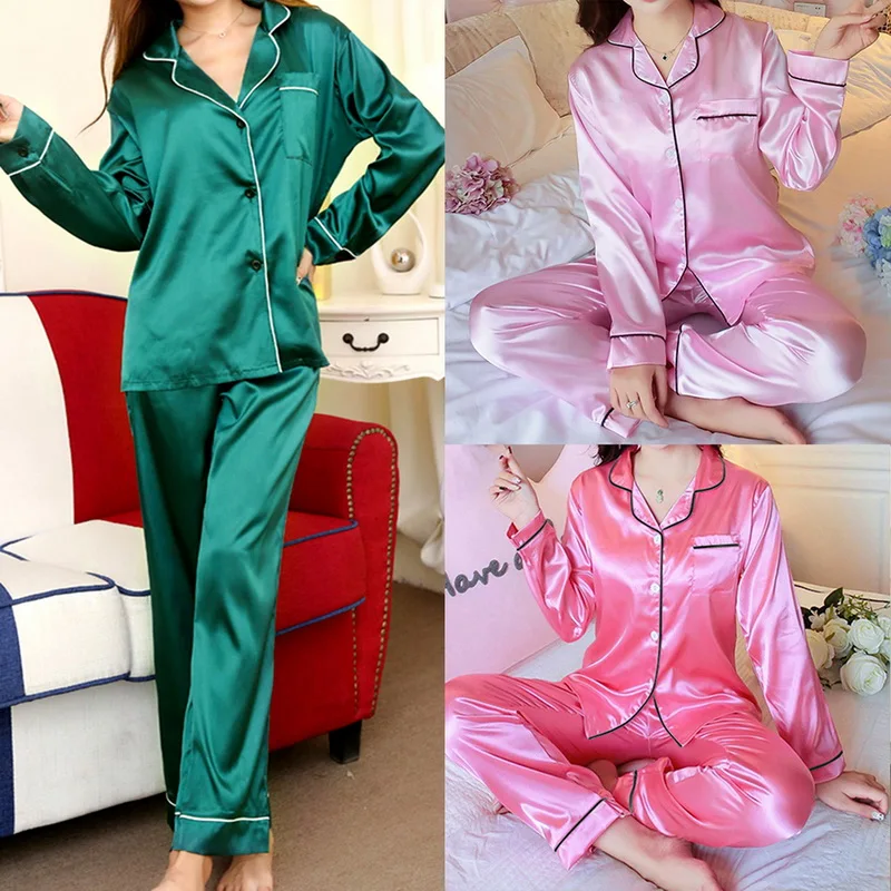 

Womens Satin Pajamas Sets Two Piece Silk Smooth Sleepwear Sexy Homewear Long Sleeve Top Pants Female Nightwear Sets Autumn