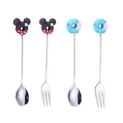 

1PC Stainless Steel Mickey Doughnut Spoon Fork Cake Coffee Dessert Silver Ice Cream Stirring spoons Candy Cute Cartoon Teaspoon