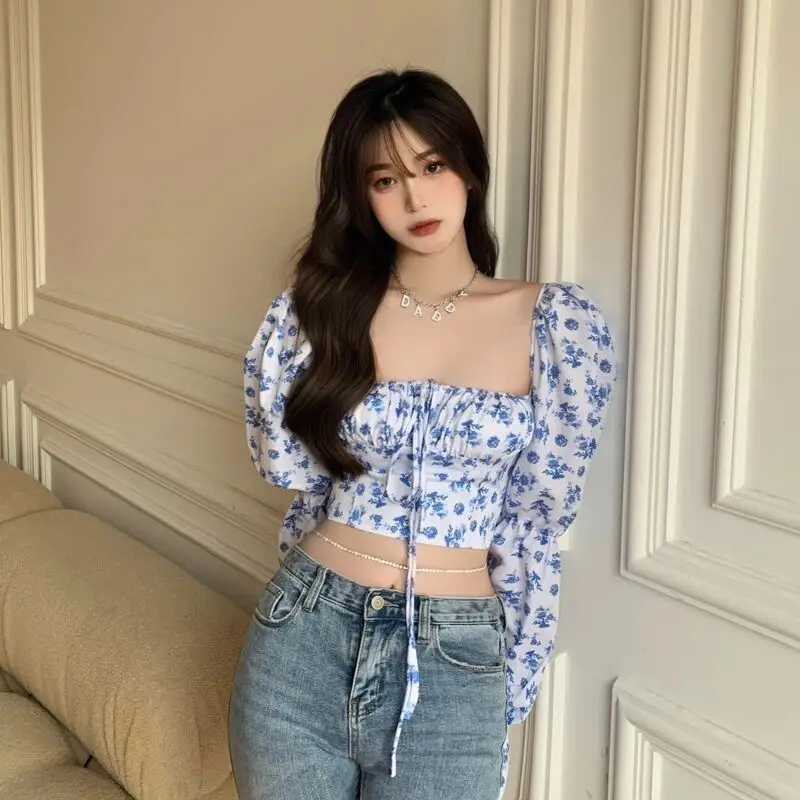 

2021 New Floral Top Women White Sweet Square Neck Long Puff Sleeve Ruched Drawstring Crop Top Summer Woman Party Blouse