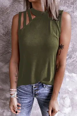 

2021 Hot Sale Ladies Solid Sleeveless Rayon Tank Top Casual Breathable Slim Fit Sexy Hollow Out Tshirt for Women O-neck Vest