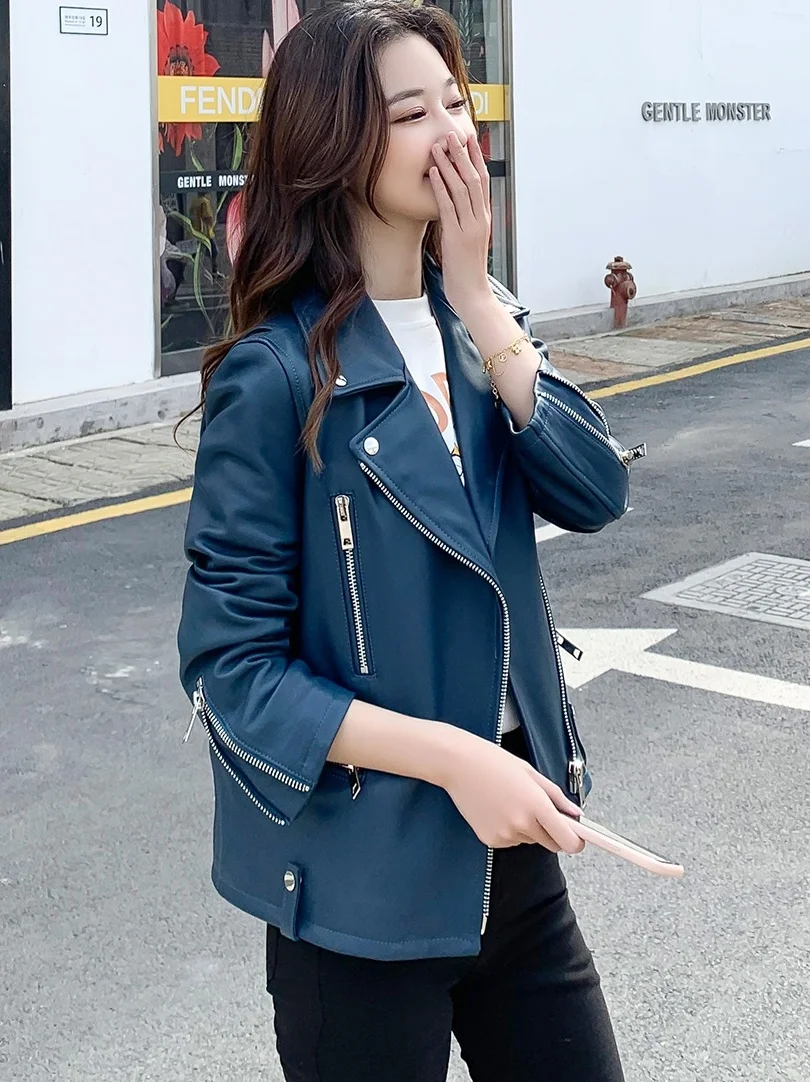 

2021 new leather leather jacket women's short locomotive sheep skin Korean style slim small coat jacket spring and autumn