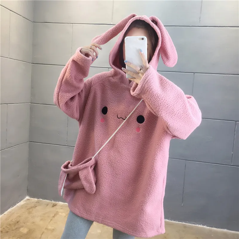

Autumn And Winter Women's Loose Korean Style Rabbit Ears Hooded Sweater Cute Imitation Lamb Wool Plus Sweater