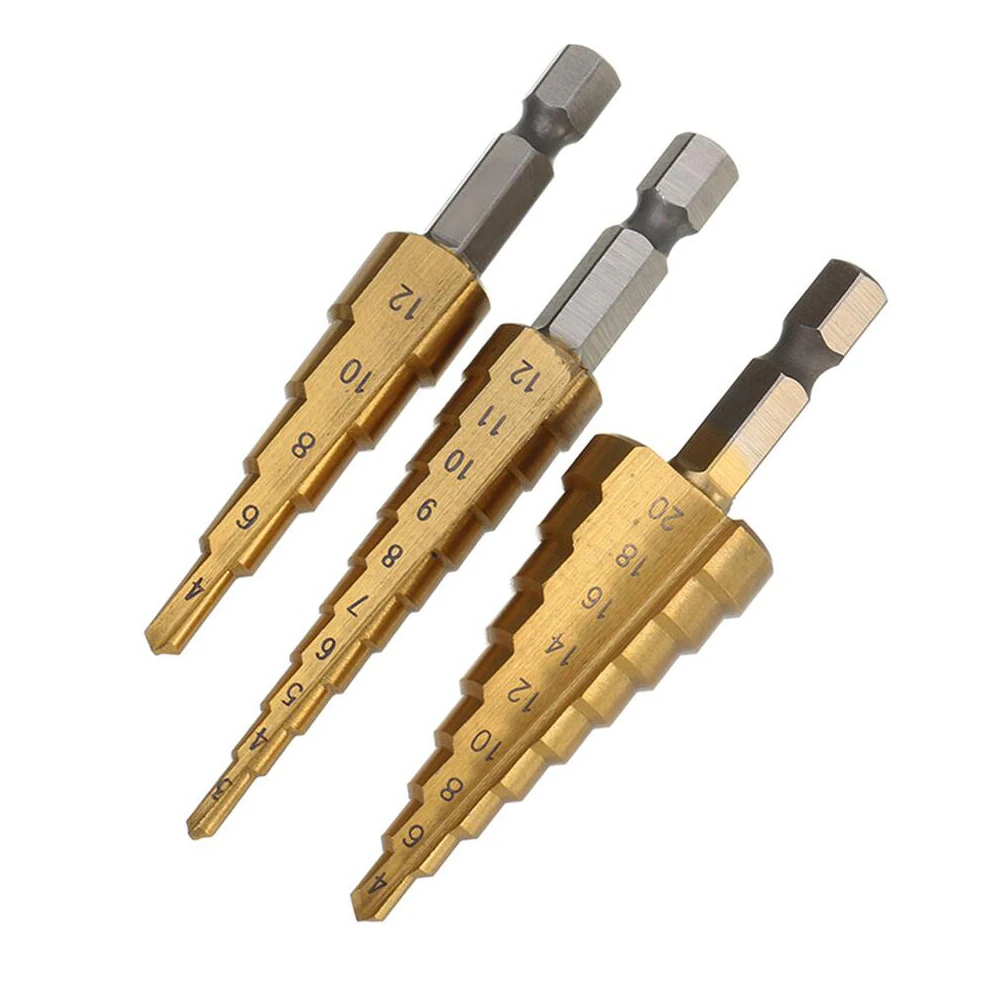 

3pcs HSS Steel Titanium Step Drill Bit 3-12mm 4-12mm 4-20mm Step Cone Cutt Tools Woodworking Wood Metal Drill Bit Set