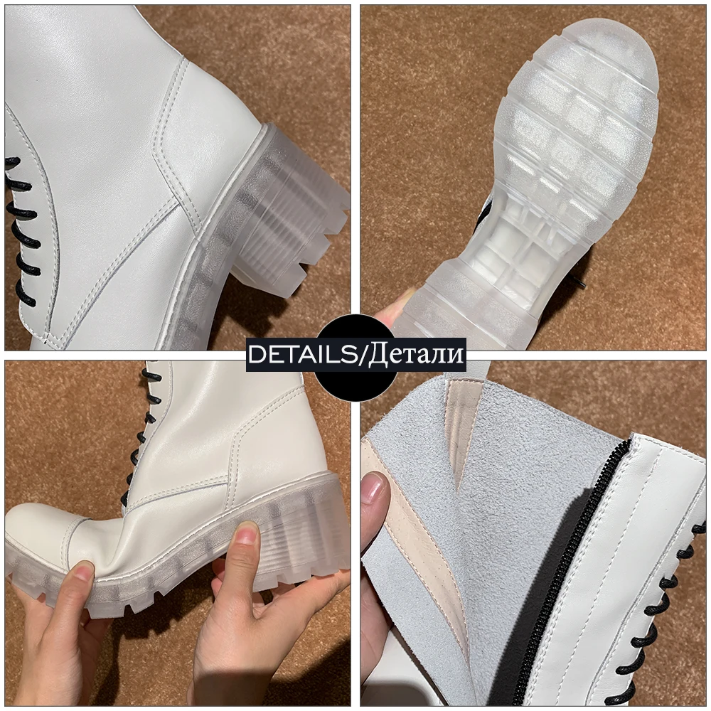 

WETKISS New Arrive Transparent Heel Boots Women Genuine Leather Shoes Woman Platform Clear Outsole Ankle Bootie Ladies Cross Tie