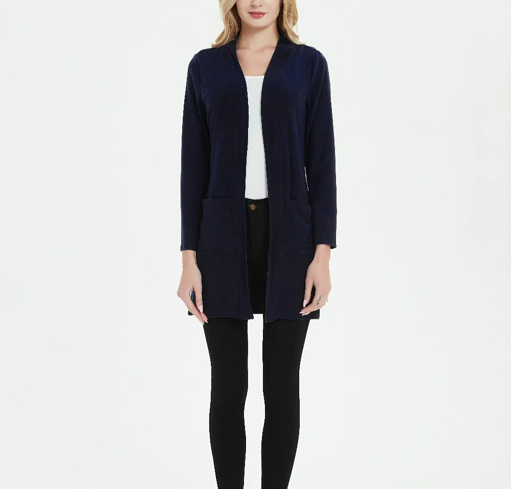 navy blue Женский кардиган с длинным рукавом, новинка, женский элегантный вязаный свитер с карманами, верхняя одежда, высокое качество - Цвет: navy blue