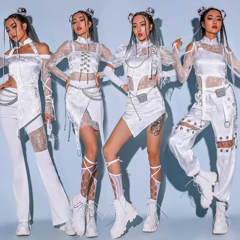 Женский костюм для джазовых танцев сексуальный белый кружевной в стиле Gogo одежда
