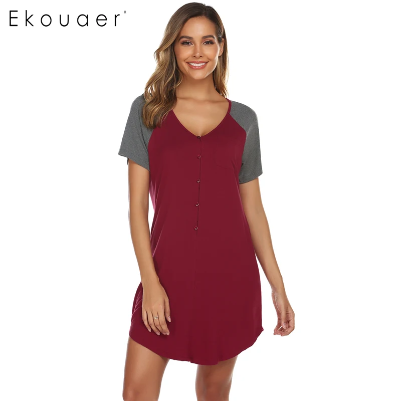 Wine Red Ekouaer Женская одежда для отдыха Ночная Рубашка домашняя одежда для сна Передняя Кнопка v-образный вырез короткий рукав лоскутное свободное Ночное платье - Цвет: Wine Red